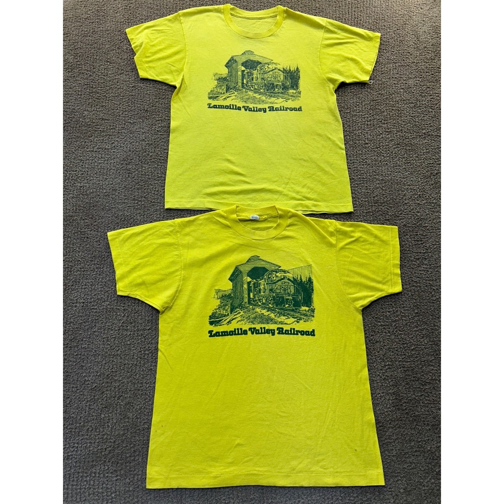 Vintage 80s Screen Stars Lamoille Valley Railroad T Shirt Yellow Large 50/50 2pk